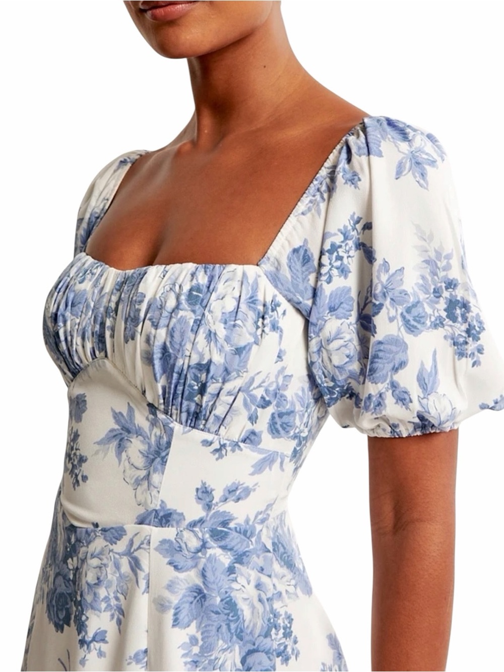 ABERCROMBIE & FITCH Blue and White Floral Puff-Sleeve Midi Dress NWOT 💙🤍🩵 - Picture 2 of 10